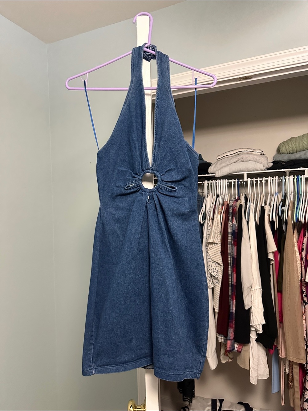 Jealous Tomato Blue Denim Halter Dress with Front Ring